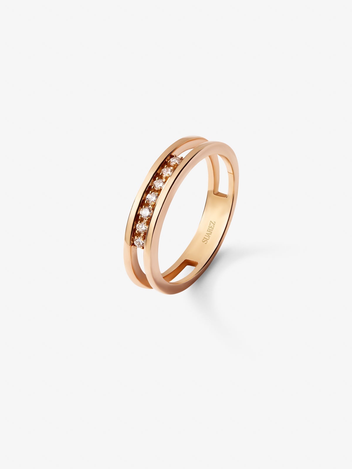 18K rose gold double ring with 7 brilliant-cut diamonds with a total of 0.1 cts