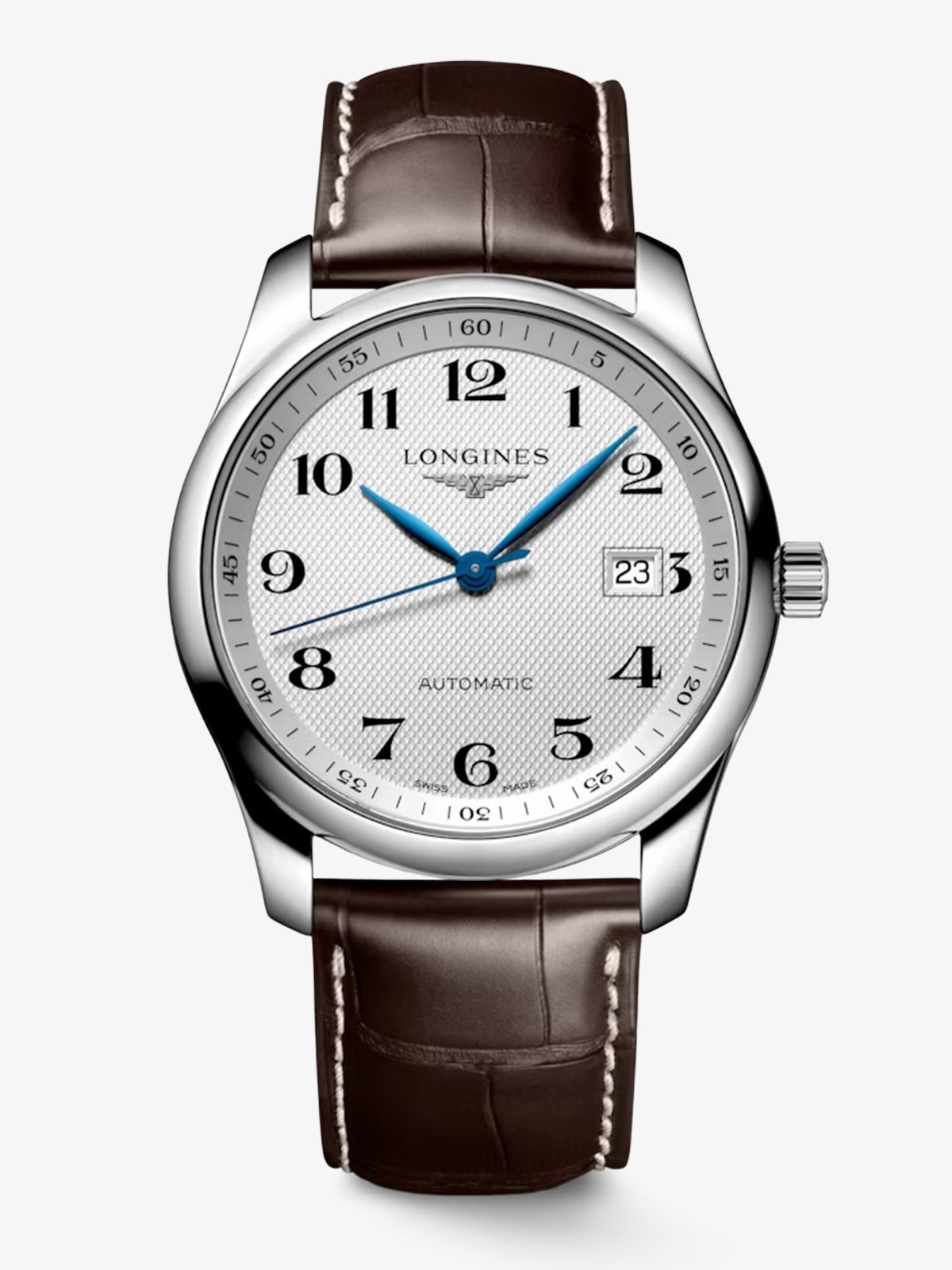 Reloj Longines Master de acero inoxidable con correa de piel de caimán marrón, cristal de zafiro y movimiento automático