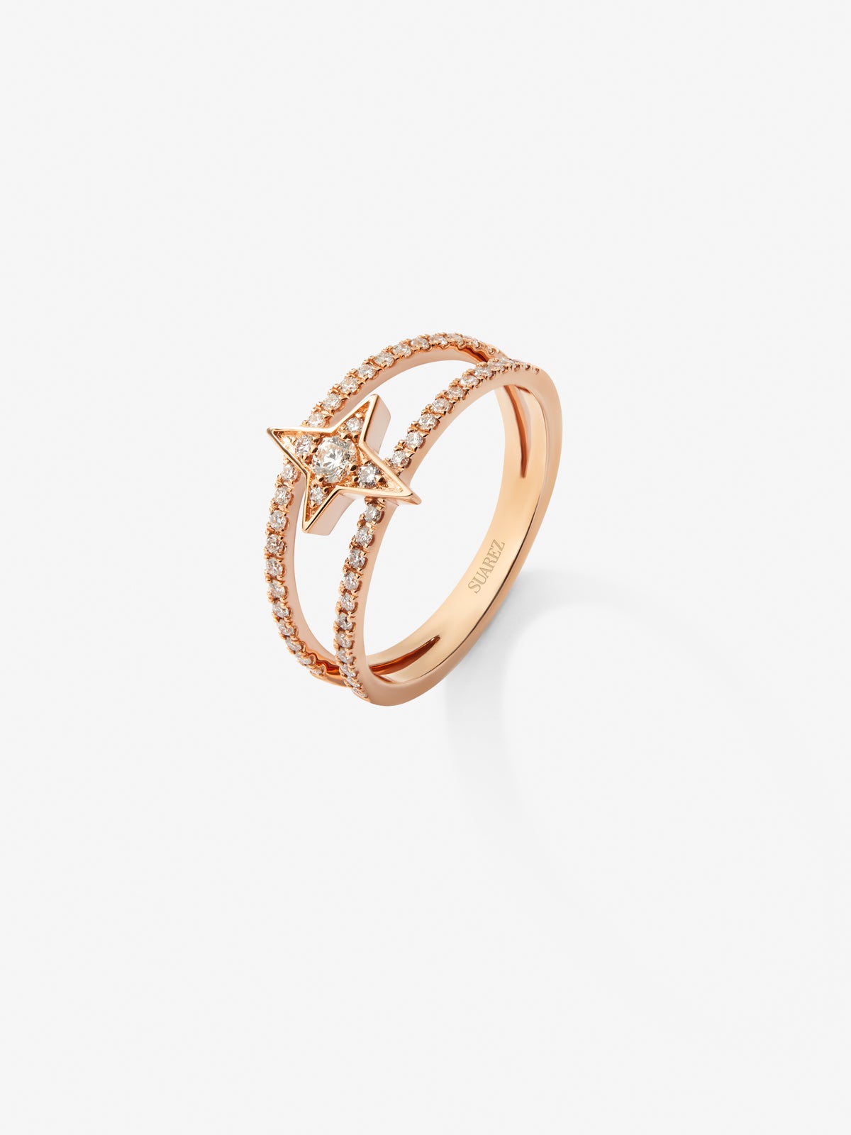 18K rose gold double ring with star and 49 brilliant-cut diamonds with a total of 0.29 cts