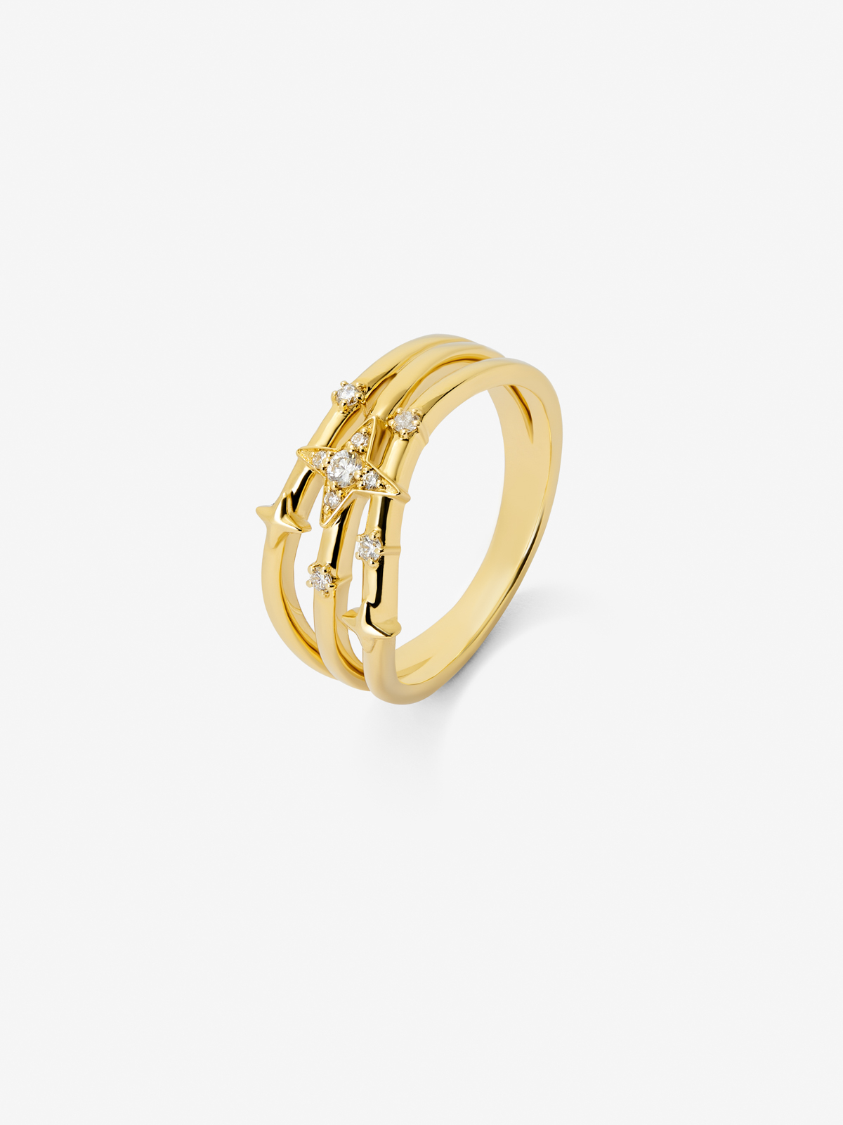 Anillo multibrazo de oro amarillo de 18K con 9 diamantes en talla brillante con un total de 0,08 cts