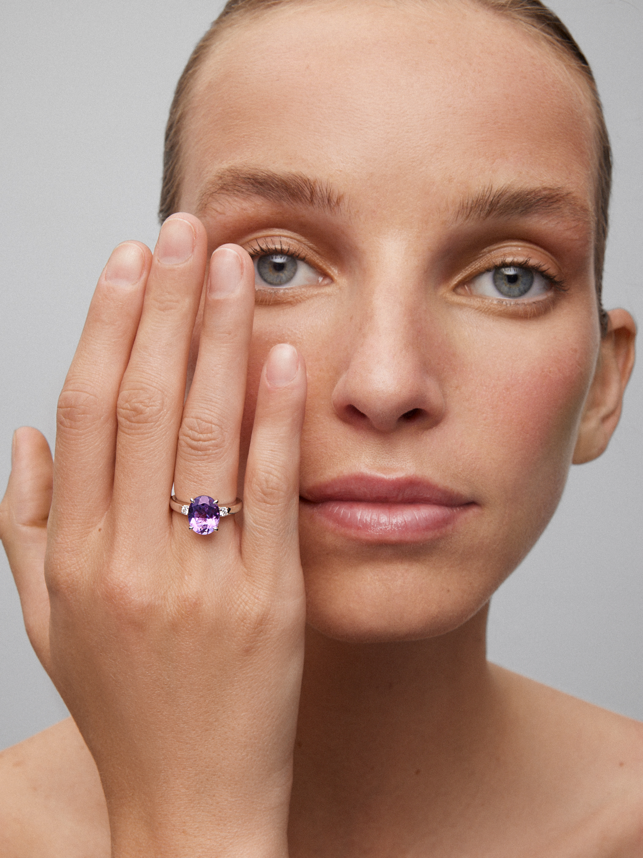 925 Silver triple ring with amethyst and diamonds