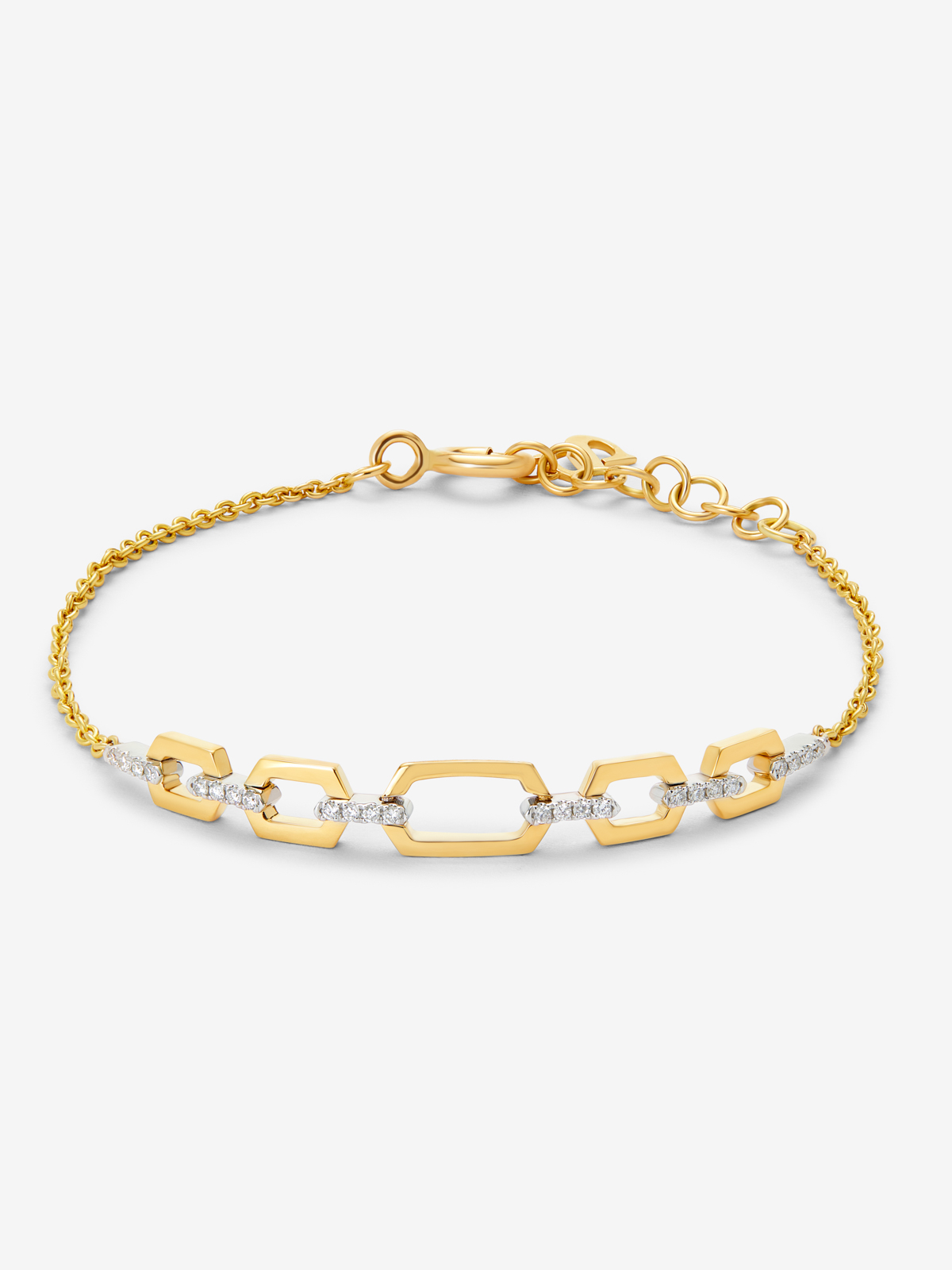 Pulsera de oro blanco y amarillo de 18K con diamantes blancos en talla brillante de 0,12 cts