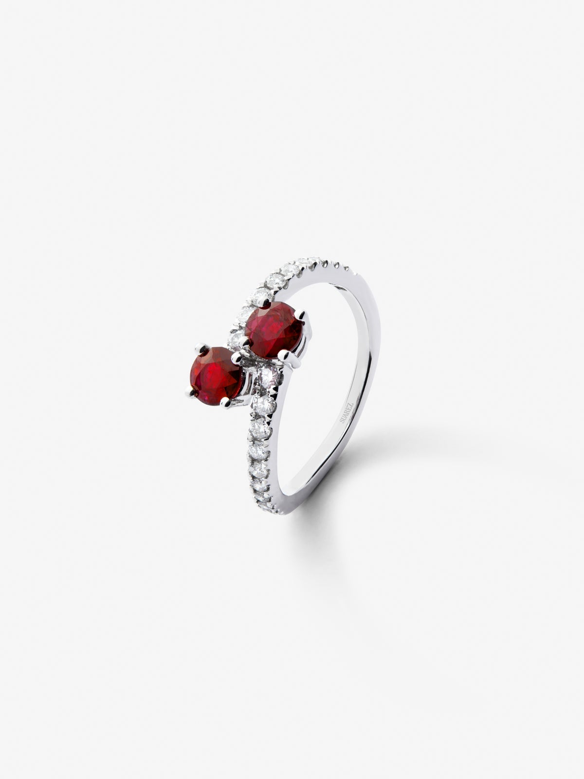 You and I 18k White Gold Ring with Red Rubyes in Bright Size 1.02 cts and White Diamonds in Bright Size of 0.34 CTS