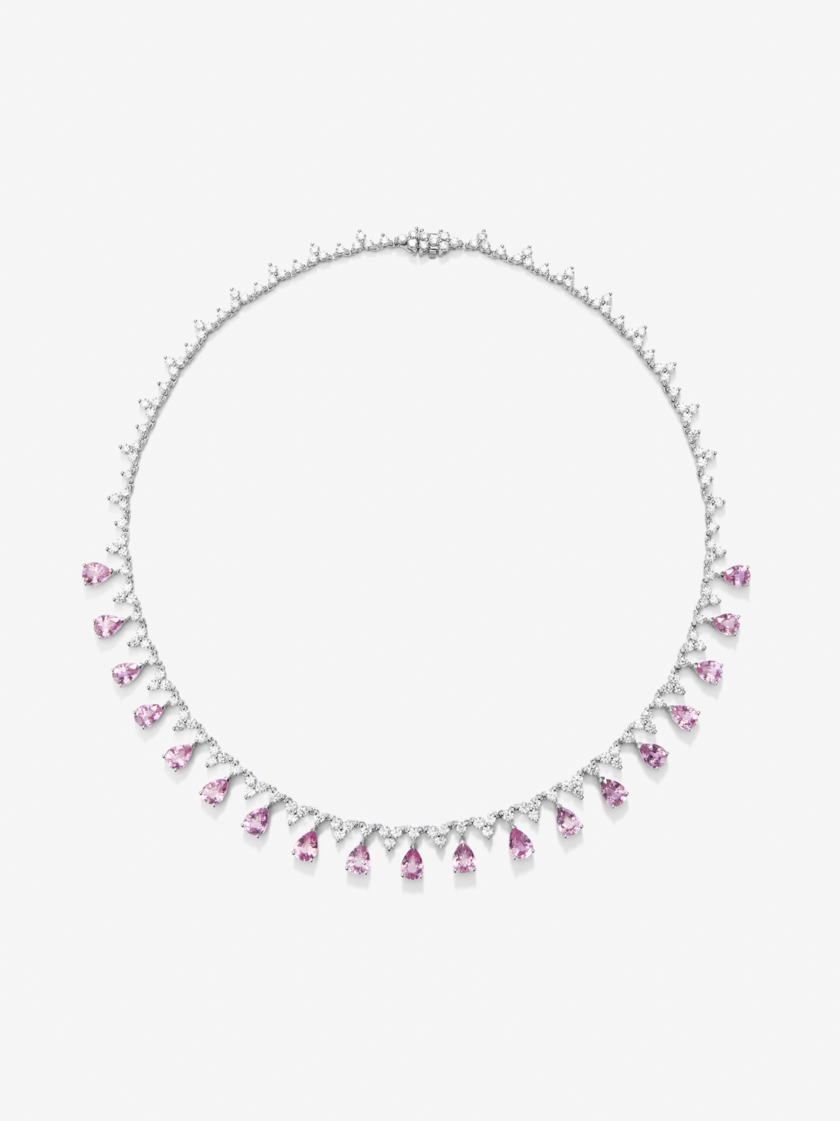 Collar rivière de oro blanco de 18K con zafiros rosas en talla pera de 16,03 cts y diamantes blancos en talla redonda de 8,85 cts