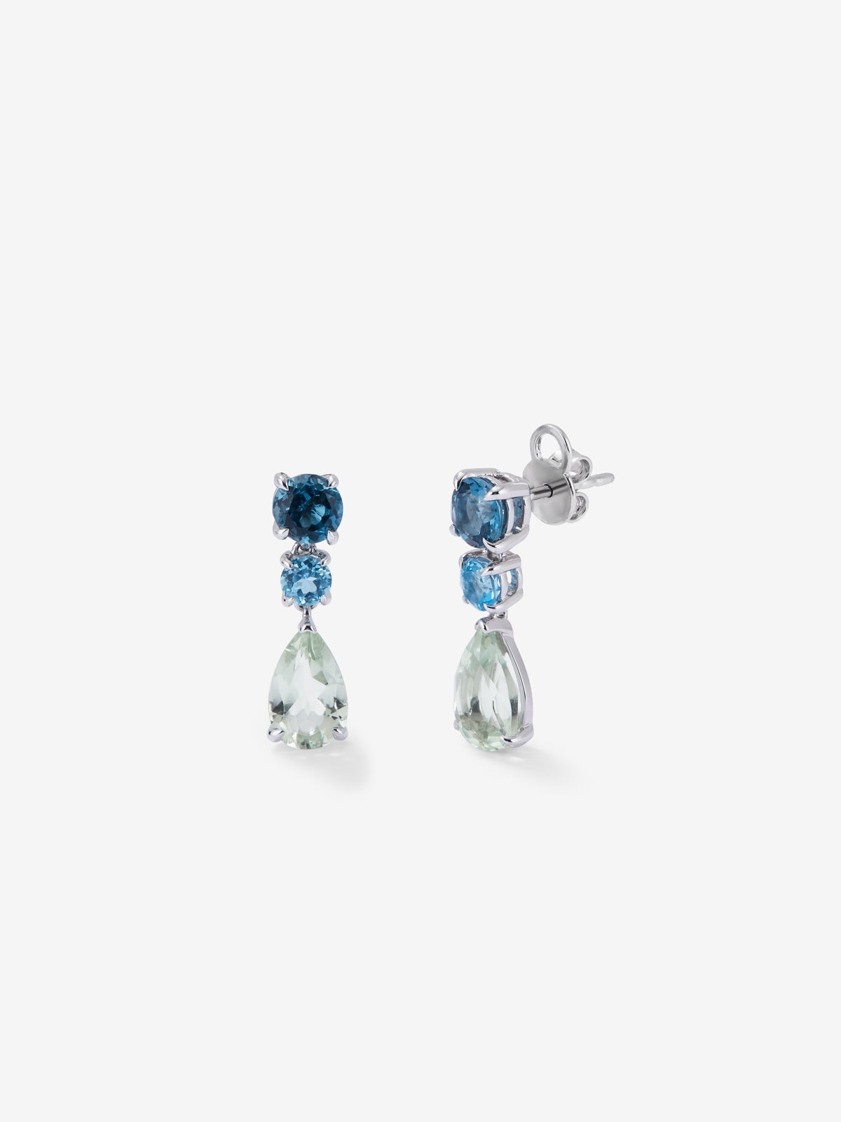 Pendientes de plata 925 con 2 topacios azul london, 2 topacios azul swiss y 2 amatistas verdes