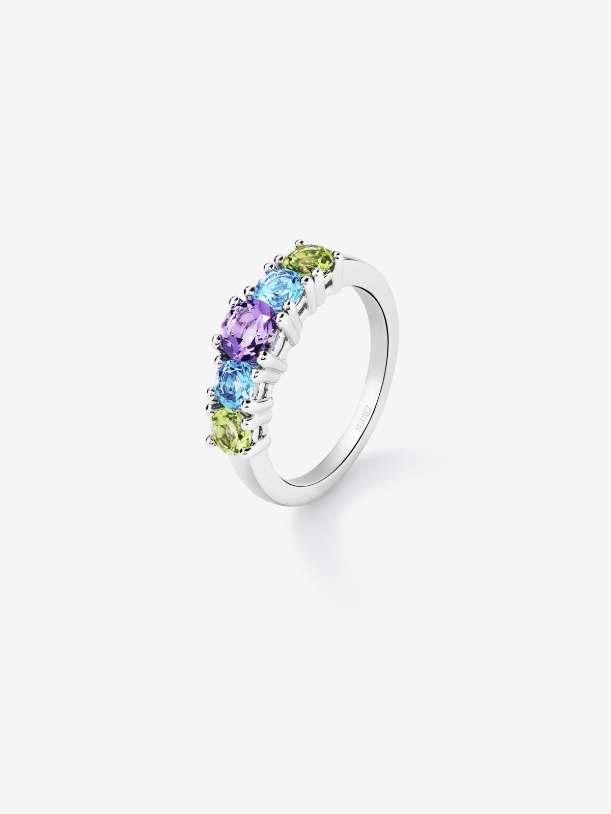 925 silver cinquillo ring with 2 peridots, a purple amethyst, and brilliant-cut Swiss blue topazes
