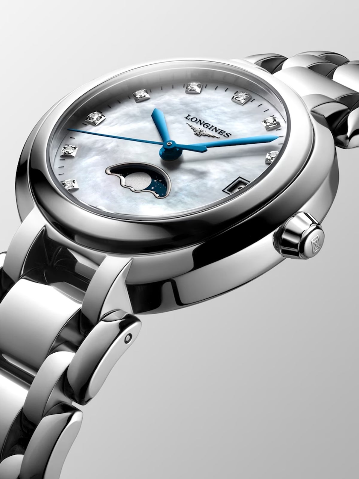 Reloj Longines Primaluna de acero inoxidable con cristal de zafiro, índices de diamantes y movimiento automático