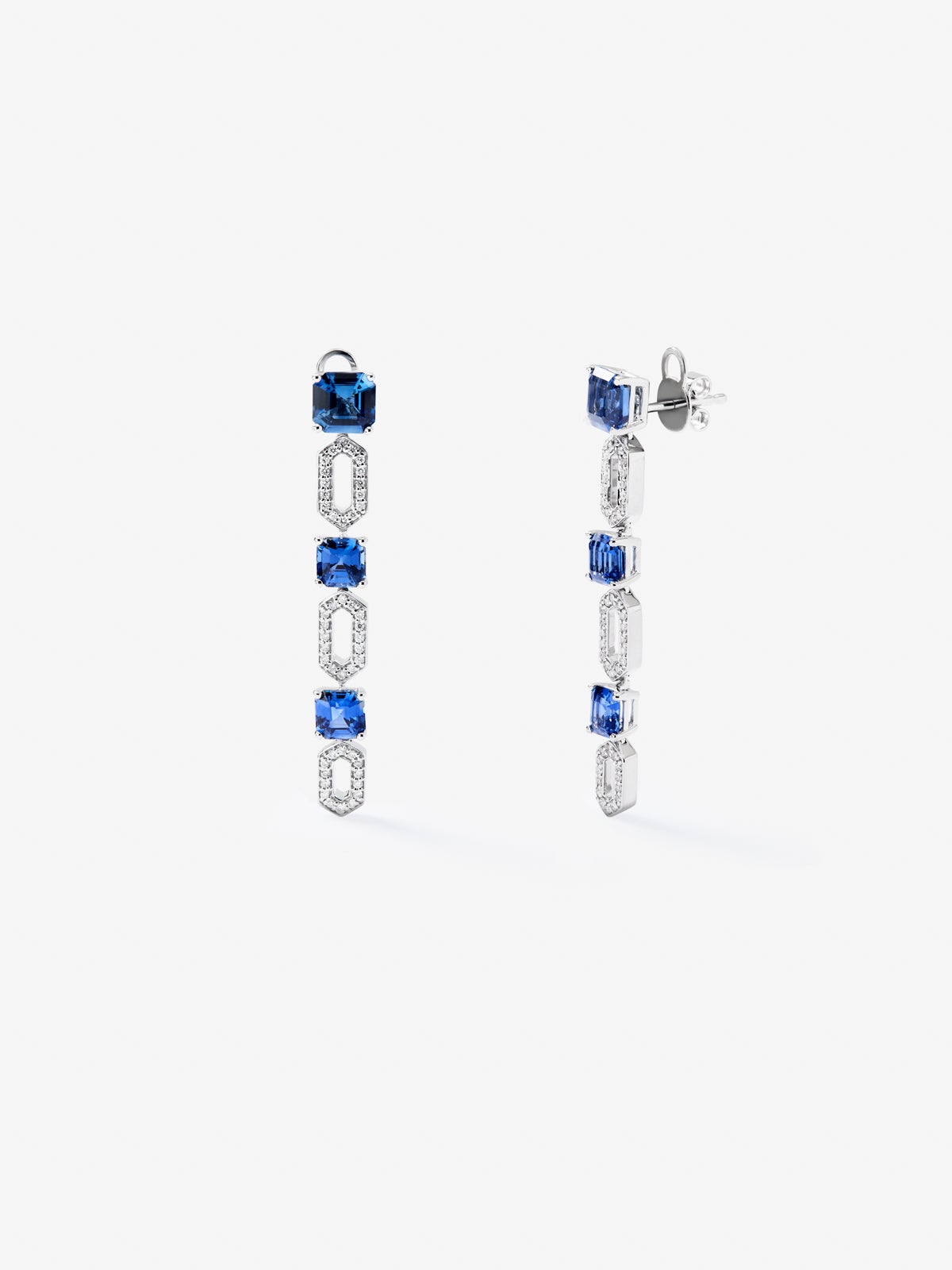 18K white gold earrings with 6 octagonal-cut blue sapphires with a total of 5.32 cts and 92 brilliant-cut diamonds with a total of 0.32 cts