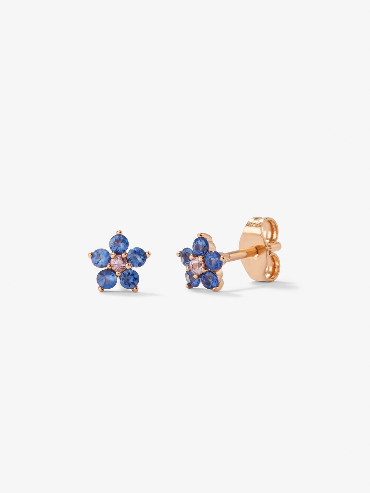 Pendientes de oro rosa de 18K con zafiros azules y rosas en talla brillante en forma de flor