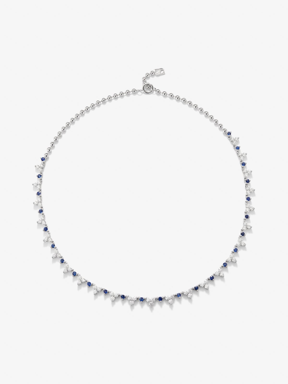 18K white gold rivière necklace with 25 brilliant-cut blue sapphires with a total of 1.7 cts and 72 brilliant-cut diamonds with a total of 3.97 cts