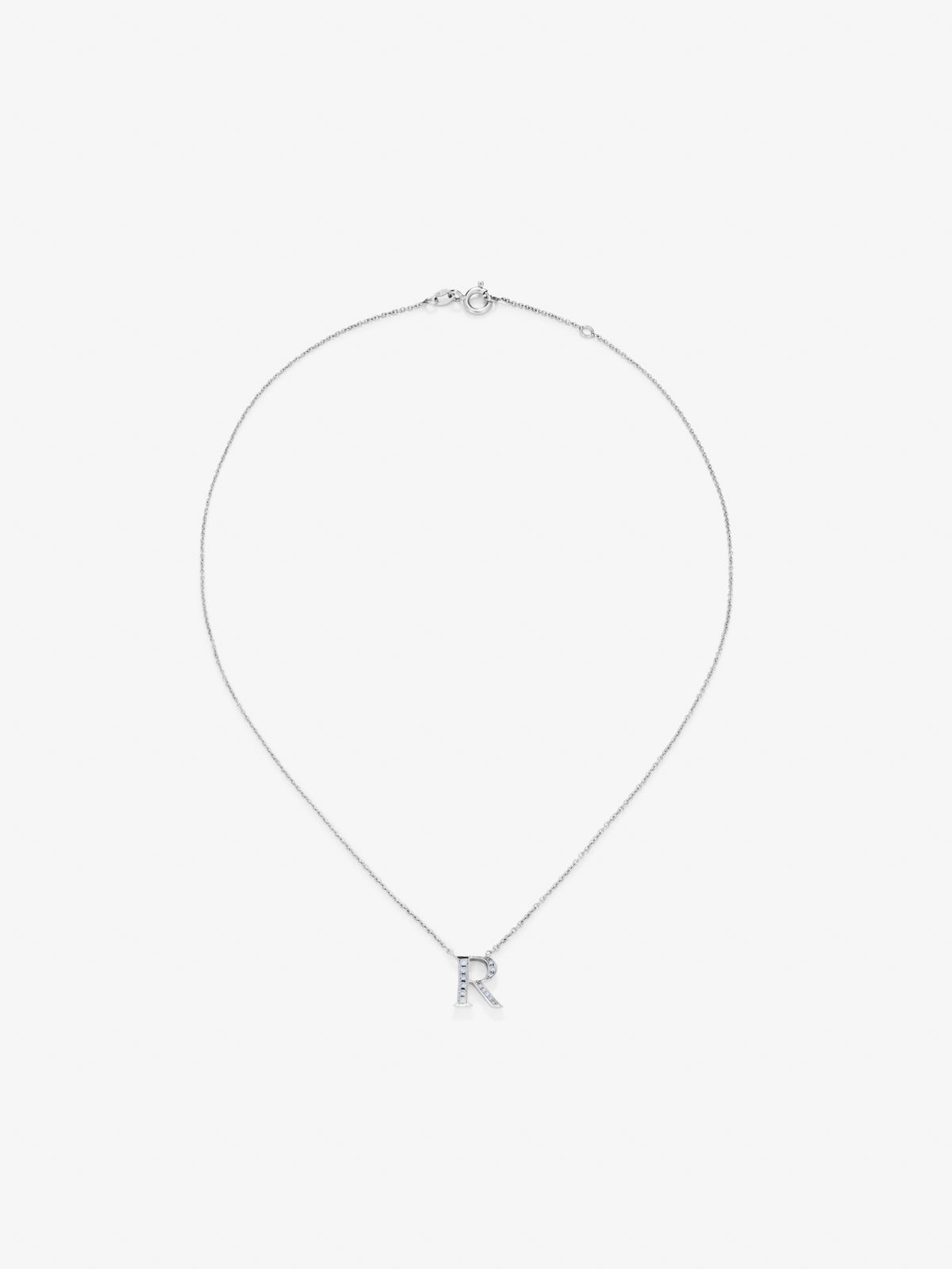 18K white gold pendant with letter R and 14 brilliant-cut diamonds with a total of 0.07 cts